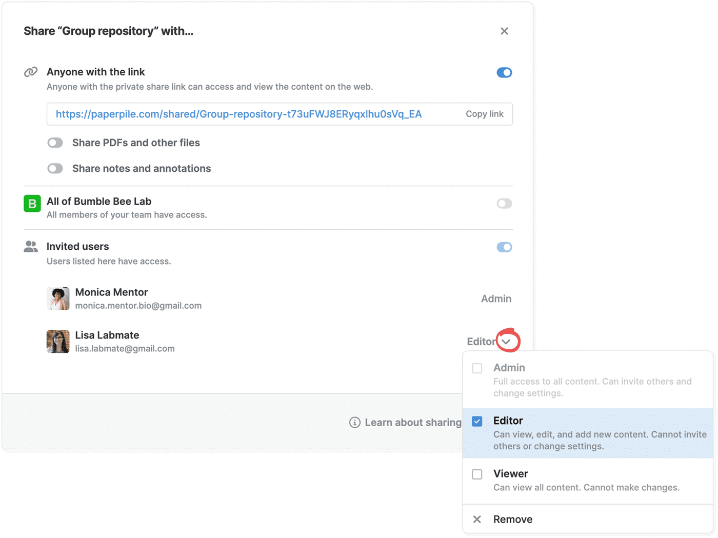 Sharing options in Paperpile